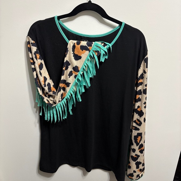 Crazy Train Tops - Crazy Train Leopard Fringe Sleeve Top